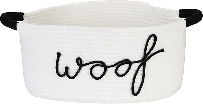 Sea Team Dog Toy Storage Basket with Handles, 16.5 x 11 x 7 Inches, 4.4 Gallons Large Cotton Rope Storage Bin, Shelf Basket, Organizer for Pet Chew Toys, Foods, White Woof