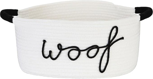 Sea Team Dog Toy Storage Basket with Handles, 16.5 x 11 x 7 Inches, 4.4 Gallons Large Cotton Rope Storage Bin, Shelf Basket, Organizer for Pet Chew Toys, Foods, White Woof