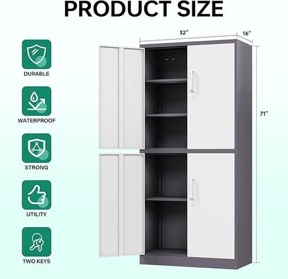 Letaya Metal Storage Cabinet with Lock Door, Adjustable Shelf Steel Cabinets for Office, Home,Pantry,Kitchen,Garage Utility Cabinet (4 Door-White&Gray)