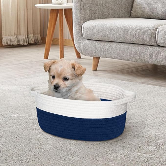Woven Cotton Rope Gift Basket, Small Baskets for Gifts Empty, Cute Baby Nursery Basket, Pet Toy Storage Bin for Dog Cat, Decorative Wicker Home Organizer with Handles, 12"x 8"x 5", Blue