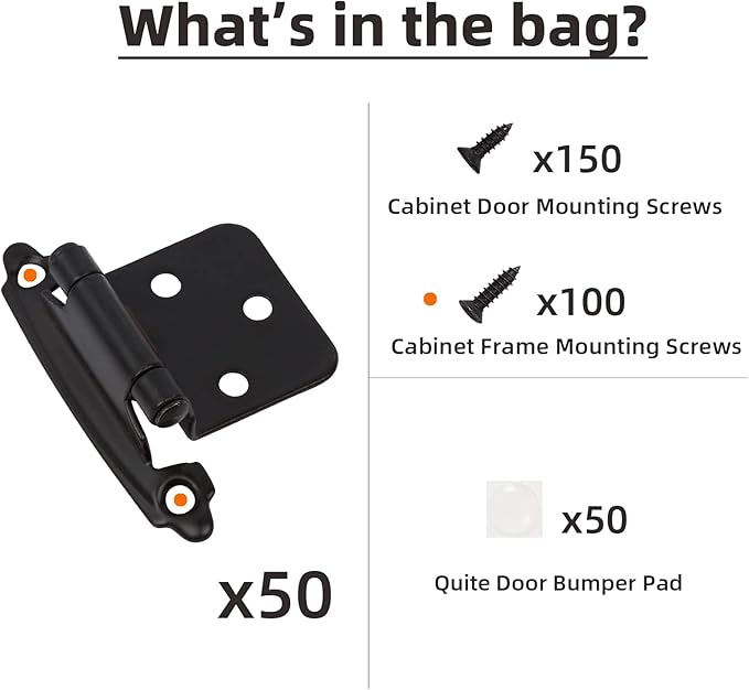 Decobasics 1/2" Overlay Matte Black Cabinet Hinges 50 Pack (25 Pair) Self Closing Bath & Kitchen Cabinet Hinges Black Flush Mount w/Door Bumpers & Upgraded Screws