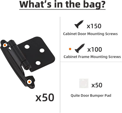 Decobasics 1/2" Overlay Matte Black Cabinet Hinges 50 Pack (25 Pair) Self Closing Bath & Kitchen Cabinet Hinges Black Flush Mount w/Door Bumpers & Upgraded Screws