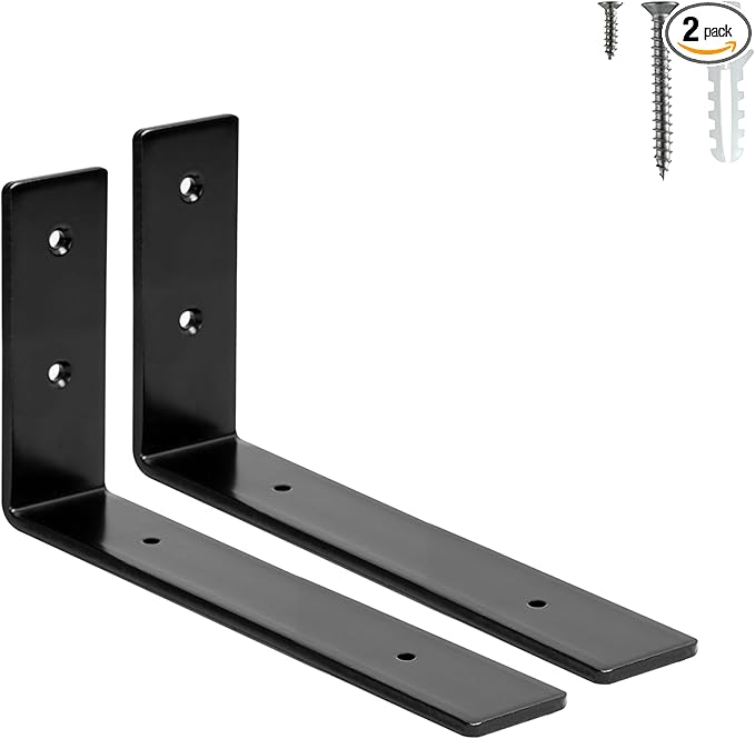 HEART ART 2 Pack Shelf Brackets 8 inch,L Brackets for Shelves,Black Heavy Duty Metal Shelf Brackets,8”x4”x1.4”