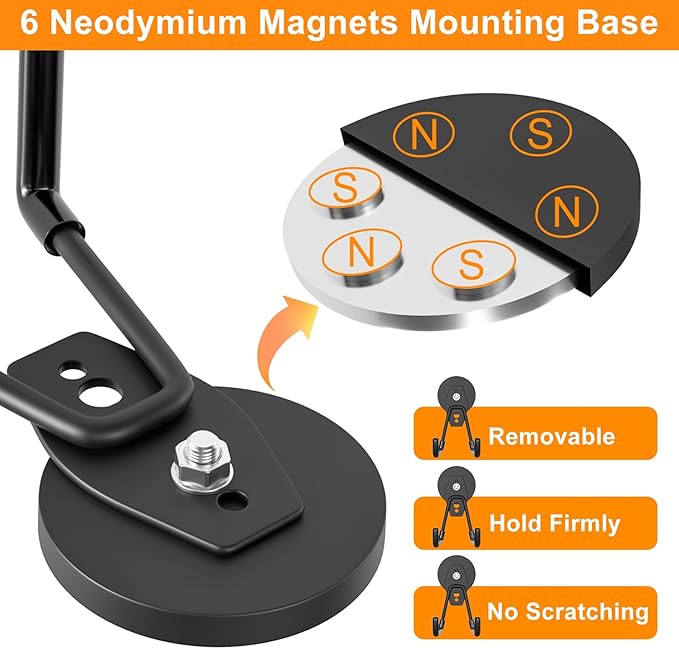 ENUODA Strong Magnetic Hooks Heavy Duty Neodymium Magnetic Tool Holder Magnet Garage Hooks for Hanging Broom, Mop, Power Tool, Toolbox, Shovel, Toolchest, Container, Van, Cabinet, Pegboard, 4 Pack