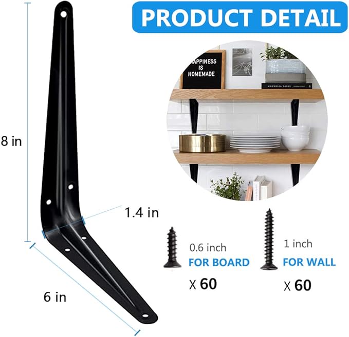 20 Pack Shelf Brackets 8 Inch, Heavy Duty Heavy Duty Black Metal Floating Shelf Bracket, Rustic Farmhouse Decorative Iron L Bracket, J Brackets Wall Angel Corner Brace for Wood Shelves