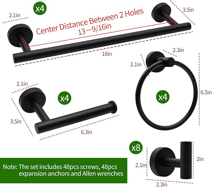 20pcs Bathroom Hardware Set, Matte Black Bathroom Hardware Set, Including 16" Hand Towel Bars, Toilet Paper Holders, Towel Rings, Robe Towel Hooks