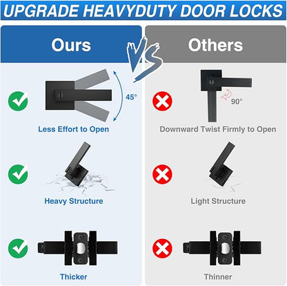 4 Pack Matte Black Door Handles, Keyless Interior Door Knobs, Privacy Door Lever Locksets for Bedroom Bathroom, Heavy Duty Square Door Lock, Reversible for Left&Right Handled Doors