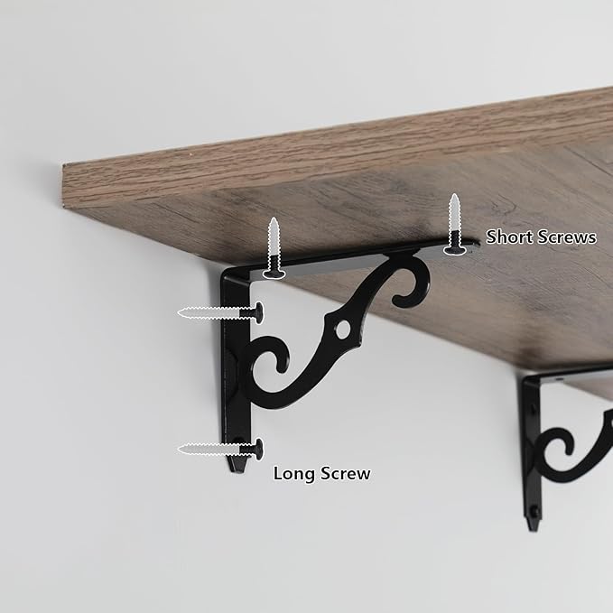 HOME MASTER HARDWARE Decorative Shelf Brackets 5x3-1/2 in Wall Mounted Floating Shelf Bracket L Heavy Duty Support Corner Brace Joint Right Angle Bracket for DIY Open Shelving with Screws Black 2 Pcs