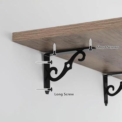 HOME MASTER HARDWARE Decorative Shelf Brackets 5x3-1/2 in Wall Mounted Floating Shelf Bracket L Heavy Duty Support Corner Brace Joint Right Angle Bracket for DIY Open Shelving with Screws Black 4 Pcs