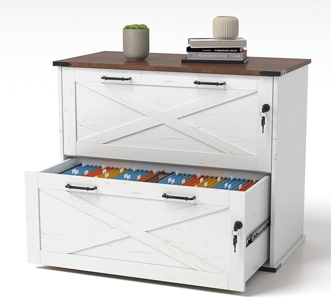 VINGLI 2 Drawer File Cabinet with Lock, Home Office Filing Organizer, for Letter Legal A4 Size File Folder Storage, Modern Farmhouse, Wood Lateral Filing Cabinet, Archivador (Rustic White & Brown)