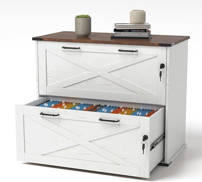 VINGLI 2 Drawer File Cabinet with Lock, Home Office Filing Organizer, for Letter Legal A4 Size File Folder Storage, Modern Farmhouse, Wood Lateral Filing Cabinet, Archivador (Rustic White & Brown)