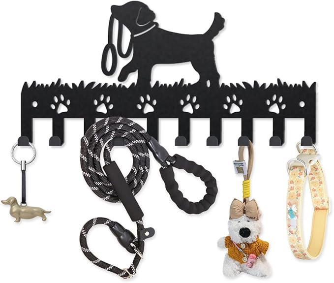 MAYJOYDIY Metal Dog Coat Hooks Wall Mount Dog Leash Coat Rack 9.8×4.7inch 10 Hooks Decorative Paw Black Key Hooks Key Holder for Wall Lover Gift Hanging Hats Towels Bags