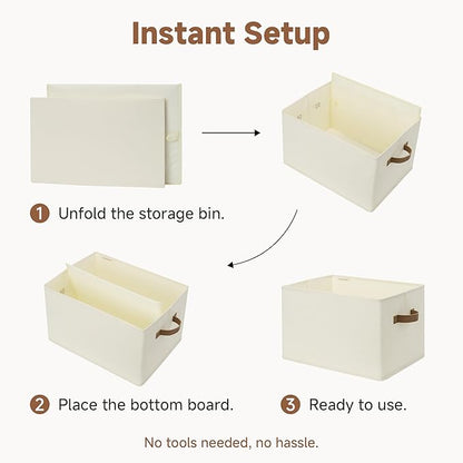StorageWorks Foldable Storage Bins with PU Handles, Closet Storage Baskets, Fabric Bins for Clothes Storage, Ivory White, 3-Pack, Extra Large