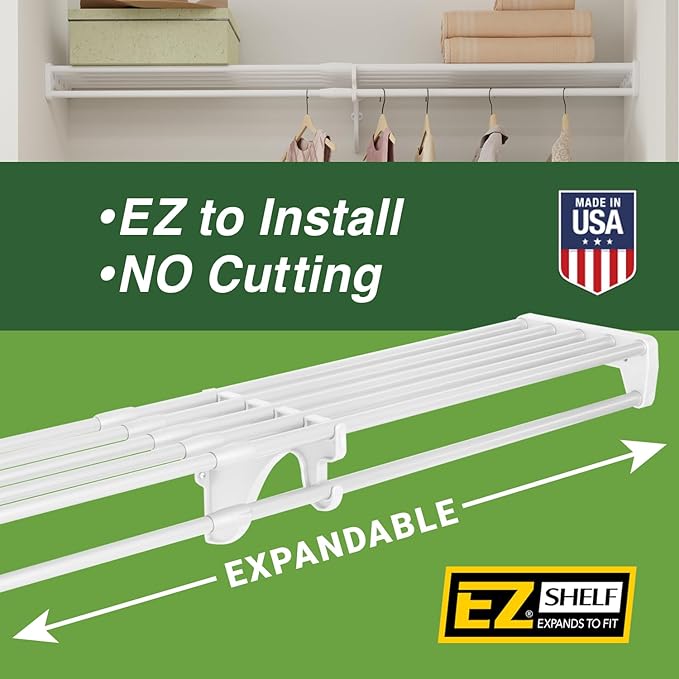 EZ Shelf-Expandable-Garage Shelf- -White- Easy to Install -Strong (up to 250 Lbs)- Wire Shelving Alternative –Wall Mounted Garage Shelf Organizer (White, 40.5" - 75")