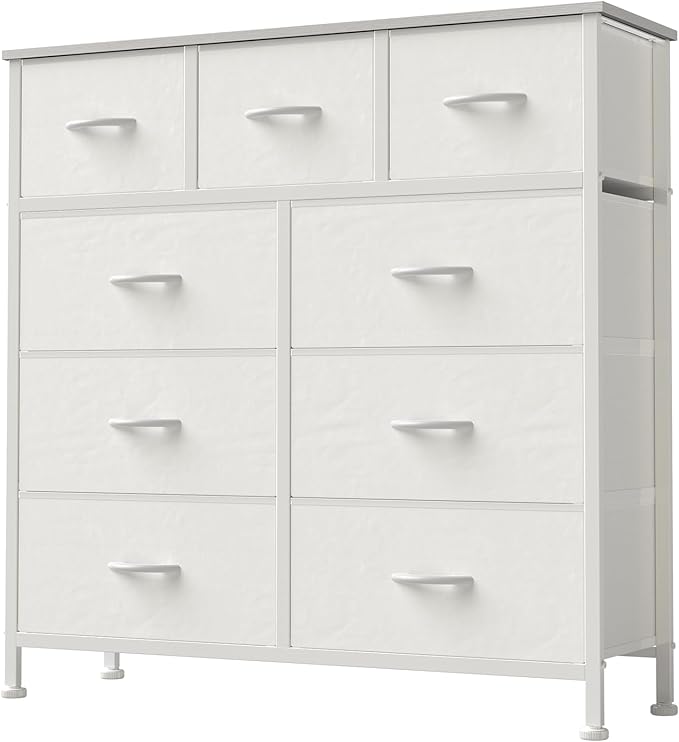 DUMOS Dresser for Bedroom, Storage Organizer with 9 Drawers, Chest of Drawers with Fabric Bins, Sturdy Metal Frame, Wood Tabletop for Guest Room, Closet, Entryway, White