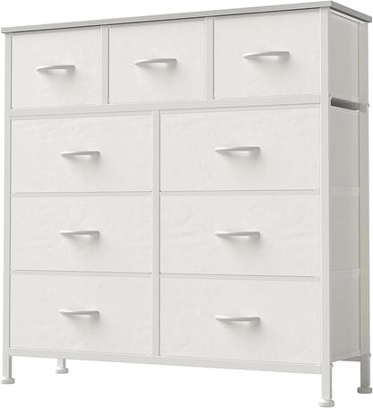 DUMOS Dresser for Bedroom, Storage Organizer with 9 Drawers, Chest of Drawers with Fabric Bins, Sturdy Metal Frame, Wood Tabletop for Guest Room, Closet, Entryway, White