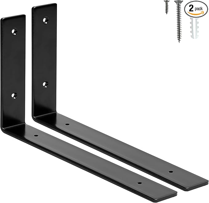 HEART ART 2 Pack Shelf Brackets 12 inch,L Brackets for Shelves,Black Heavy Duty Metal Shelf Brackets,12”x6”x1.4”