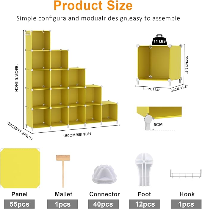 AWTATOS Cube Storage Organizer, Storage Cubes Shelves, 16 Cube Closet Organizers and Storage, DIY Stackable Bookshelf Plastic Clothes Organizer Shelving for Bedroom, Home, Yellow