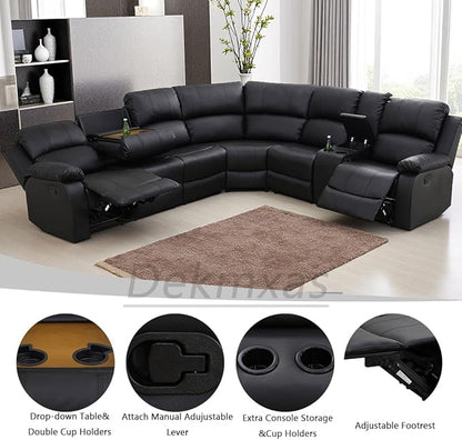 Living Room Furniture Sets, Black Leather Sectional Recliner Sofa Set with Drop-Down Table, Cup Holders, Storage Console, 3 Pieces Reclining Sectional Sofa Couch for Living Room, Bedroom