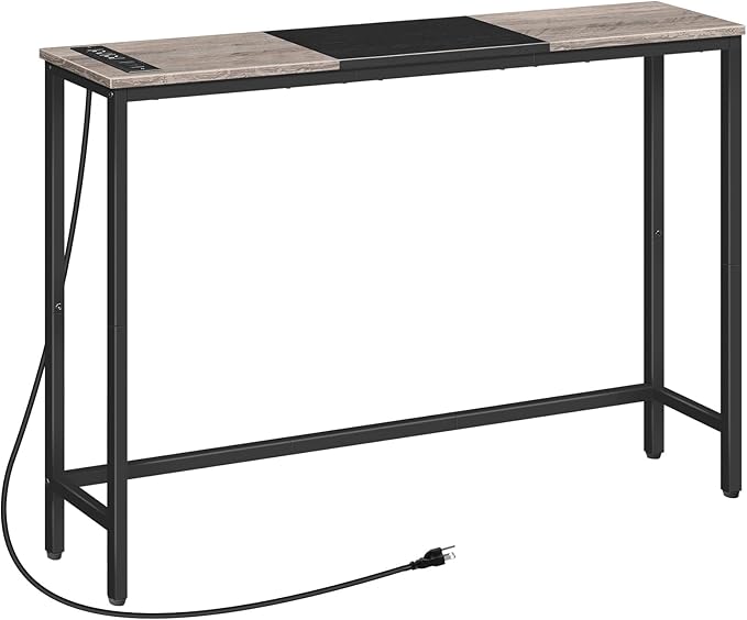 HOOBRO Narrow Console Table with Power Outlets, 44.9 Inches Sofa Table, Slim Behind Couch Table, Entryway Table with Display Shelf, for Living Room, Foyer, Hallway, Greige and Black BG114UXG01
