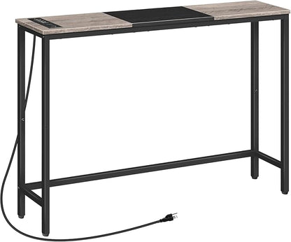 HOOBRO Narrow Console Table with Power Outlets, 44.9 Inches Sofa Table, Slim Behind Couch Table, Entryway Table with Display Shelf, for Living Room, Foyer, Hallway, Greige and Black BG114UXG01