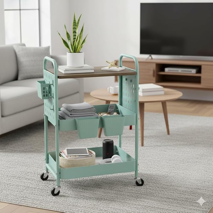 danpinera 3 Tier Rolling Cart, Metal Storage Cart with Wooden Tabletop, Storage Cart with DIY Pegboards & Locked Wheels, Hooks & Hanging Cups for Any Room