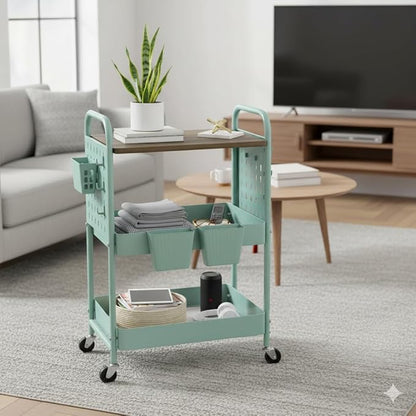 danpinera 3 Tier Rolling Cart, Metal Storage Cart with Wooden Tabletop, Storage Cart with DIY Pegboards & Locked Wheels, Hooks & Hanging Cups for Any Room