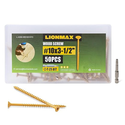 LIONMAX Deck Screws 3-1/2 Inch, Wood Screws #10 x 3-1/2", 50 PCS, Rust Resistant, Exterior Epoxy Coated, Outdoor Decking Screws, Torx/Star Drive Head Deck Screw, T25 Star Bit Included, Tan