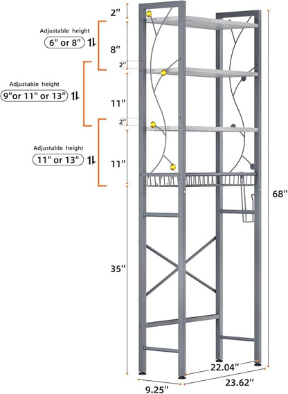Over-The-Toilet Storage Rack, 4-Tier Bathroom Organizer Shelf Over Toilet with Adjustable Shelf and Basket, Freestanding Space Saver Bathroom Shelves Above Toilet for Room (Gray White)
