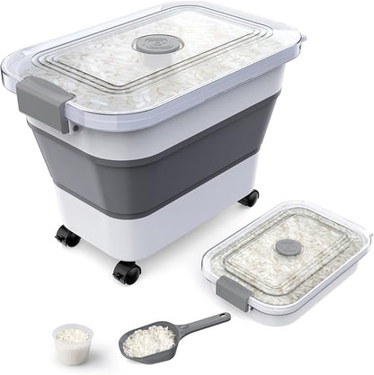 Rice Storage Container, Collapsible Airtight Food Storage Containers 20-30lbs with Clear Lid and Wheels, Rice Dispenser with Scoop for Flour Cereal Pasta Grain, Cat Pet Bird Dog Food Storage Container