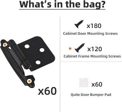 Decobasics 1/2" Overlay Matte Black Cabinet Hinges (30 Pair -60 Pcs) Self Closing Bath & Kitchen Cabinet Hinges Black Flush Mount w/Door Bumpers & Upgraded Screws