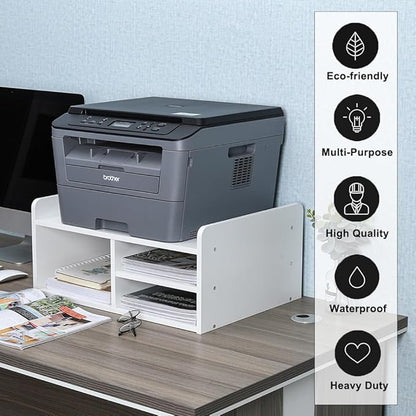 PAG Desktop Printer Stand with Storage, Paper Storage Holder Rack for Desk, Wooden Printer Organization for Home/Office, White