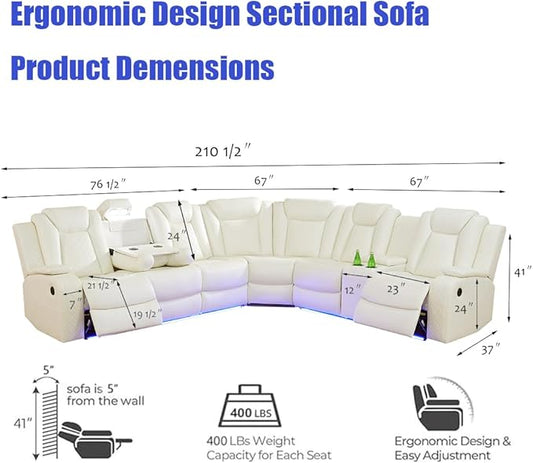 7-Seated Power Recliner Sectional Sofa, Power Recling Sectional Sofa Couch, Recliner Couch Set Living Room Furniture Sets, Comfy Leather, Cup Holder, Storage for Living Room/Home/Office