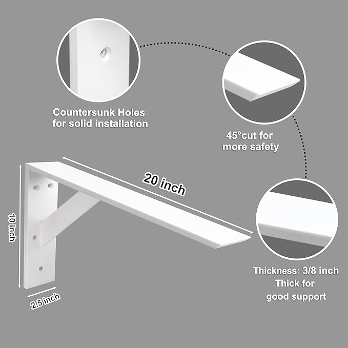 Countertop Support Bracket 20 Inch Heavy Duty Shelf Bracket 2 Pack 3/8" Thick White 20"x12"x2.5" for Granite Quartz Wood Laminate Countertops