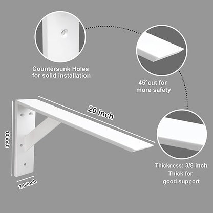 Countertop Support Bracket 20 Inch Heavy Duty Shelf Bracket 2 Pack 3/8" Thick White 20"x12"x2.5" for Granite Quartz Wood Laminate Countertops