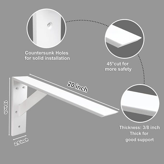 Countertop Support Bracket 20 Inch Heavy Duty Shelf Bracket 2 Pack 3/8" Thick White 20"x12"x2.5" for Granite Quartz Wood Laminate Countertops