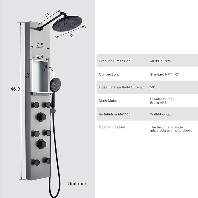POPFLY Shower Panels System with 8-inch Rainfall Shower and Shelf, Shower Tower with Adjustable Head, 6 Body Jets and 5-Setting Handheld Shower, Brushed Nickel, Stainless Steel