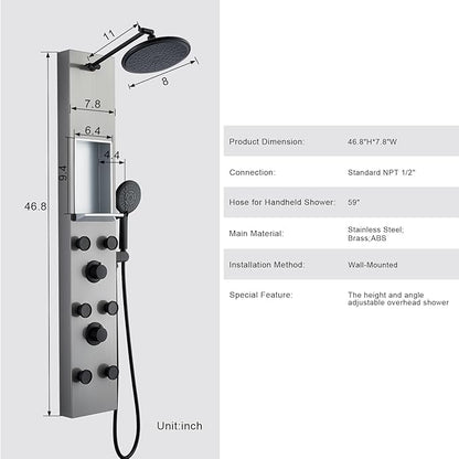 POPFLY Shower Panels System with 8-inch Rainfall Shower and Shelf, Shower Tower with Adjustable Head, 6 Body Jets and 5-Setting Handheld Shower, Brushed Nickel, Stainless Steel