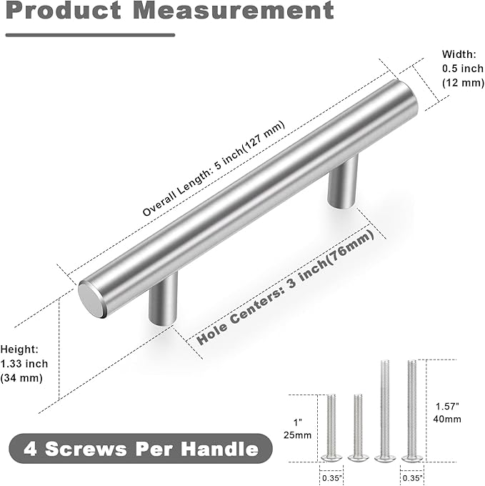 Estmoon 30 Pack Brushed Nickel Cabinet Handles 3 Inch Hole Center Drawer Pulls Stainless Steel Cabinet Pulls Silver Kitchen Handles Cabinet Hardware for Drawers, Cupboards - 5" Length, 3" Hole Center