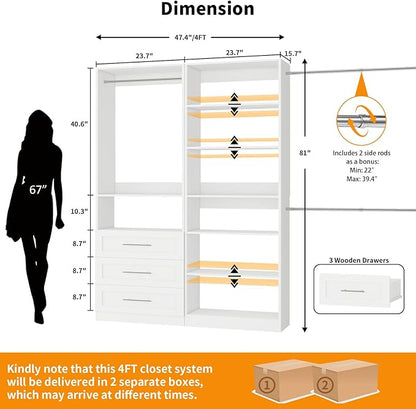 Closet System with 2 Sets, 4FT Closet Organizer Systems with 3 Wooden Drawers 7 Shelves & 3 Hanging Rods, Walk in Closet freestanding Corner Modular Closet Storage System White (4FT)