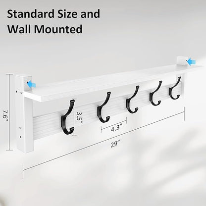 Coat Rack Wall Mount with Shelf, 29 Inch Coat Hanger Walls Mounted, Hat Rack for Walls, Shelf with 5 Coat Hooks, Wall Hanger for Entryway (White)