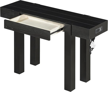 Rustic Minimalist Console Table with Hidden Drawer, Wood Entryway Table with Side Power Outlet for Entryway, Living Room and Home Office (Black-X210)