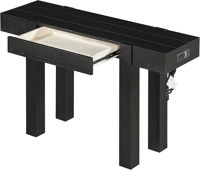 Rustic Wood Console Table with Hidden Drawer and Side Power Outlet, Minimalist Couch Table Behind Sofa, Entryway Console Tables for Hallways, Living Rooms and Home Offices, Black