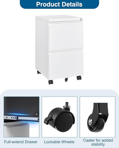 2 Drawer File Cabinet with Lock, Metal Under Desk Rolling Filing Cabinet fits Letter/Legal/A4 Size for Home Office, Mobile Filing Cabinets, Assemble Required, White