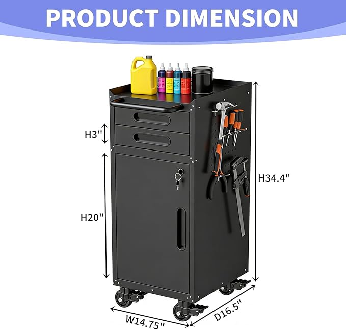 Metal Garage Storage Cabinet on Wheels, Lockable Rolling Tool Cabinet with Doors and 2 Drawers, Heavy Duty Mobile Steel Cabinet for Garage Warehouse Workshop