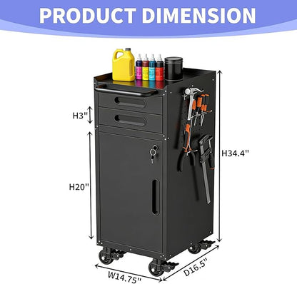 Metal Garage Storage Cabinet on Wheels, Lockable Rolling Tool Cabinet with Doors and 2 Drawers, Heavy Duty Mobile Steel Cabinet for Garage Warehouse Workshop