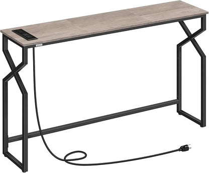 Console Sofa Table, 44.9" Entryway Table with Charging Station, Narrow Couch Table, Hallway Table, Sofa Table with USB Ports, Metal Frame, for Entrance, Living Room, Greige CTHG113E01
