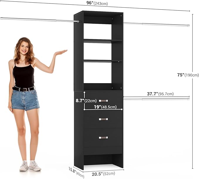 96'' Closet Organizer System with 3 Hanging Rods, 8FT Closet Organizers and Storage with 3 Wooden Drawers, Built in Closet Organizer Systems, Adjustable Walk-in Wardrobe from 5-8FT, Black