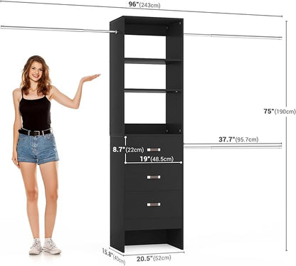 96'' Closet Organizer System with 3 Hanging Rods, 8FT Closet Organizers and Storage with 3 Wooden Drawers, Built in Closet Organizer Systems, Adjustable Walk-in Wardrobe from 5-8FT, Black