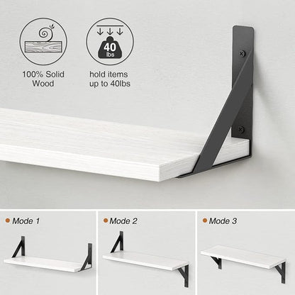 White Floating Shelves 24 inches Long Set of 3, 24 x 8 Inch Bathroom Wall Shelves Over Toilet for Towels, Modern Wood Mounted Storage Shelf for Bedroom Living Laundry Room Kitchen Office Closet